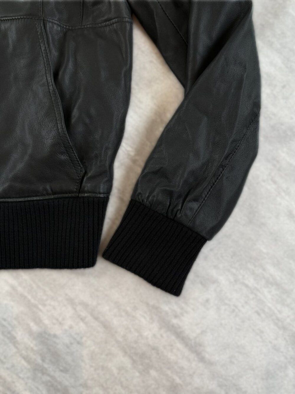Black Leather Hooded Bomber Jacket ERIK HART Size S Unisex Zip Up Sz S - Picture 2 of 15